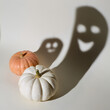 Halloween background concept. pumpkin smiling face shadow. Halloween party design. Two pumpkins with ghost shadow
