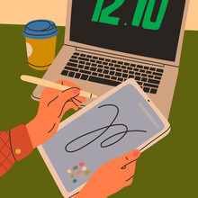 Female Hands Holding Graphic Tablet. Laptop And Coffee On Working Desk. Point Of View On Laptop Screen. Working, Drawing, Creativity, Work From Home Concept. Hand Drawn Modern Vector Illustration