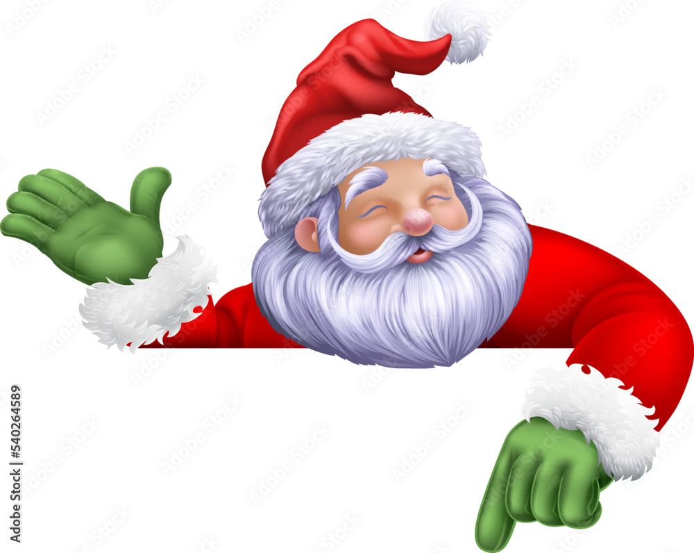 Cartoon Santa Claus or Father Christmas peeking over a sign and pointing  Stock Vector | Adobe Stock, image size:1000x796