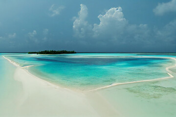 Wall Mural - Maldives paradise scenery. Tropical aerial landscape, seascape with long jetty, water villas with amazing sea and lagoon beach, tropical nature. Exotic tourism destination banner, summer vacation