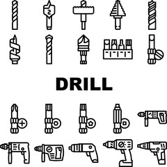 drill equipment construction icons set vector. machine power, industry work, industrial tool, drilling electric technology, repair drill equipment construction black contour illustrations