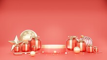 Podium Product Display,shopping Cart,box,shoppingbag,redgift Box,star,deco Ball On Red Background 3d Rendering 