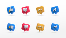 Social Media Icon Set Thumbs, Comment, Share And Love 3d Style