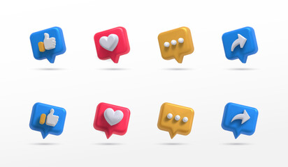 social media icon set thumbs, comment, share and love 3d style