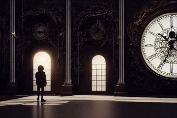 old vintage clock in ancient building time passing 3D illustration