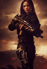 A female terminator in a post-apocalyptic world. Beautiful woman with a gun in hand. A warrior woman at the end of the world. 3D rendering