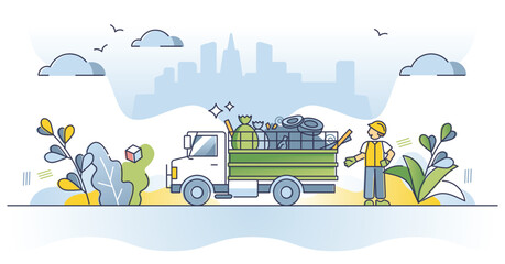 Wall Mural - Rubbish removal truck and daily waste disposal management outline concept. Garbage dump car to carry trash to landfill vector illustration. Vehicle with container for litter collection and clean city.