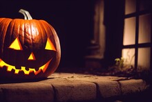 Halloween Pumpkin, Jack-o-lantern In A A Front Porch, 3D Rendered