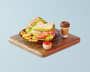 3d illustration of lunch, with with sandwich and french fries ketchup with coffee on a wooden table. 3D rendering of a cartoon lunch.