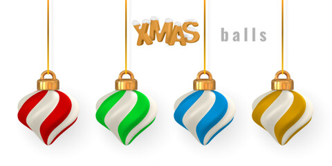 Wall Mural - 3d shiny glowing Christmas balls. Xmas glass ball. Holiday decoration template. Vector illustration