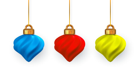 Wall Mural - 3d shiny glowing Christmas balls. Xmas glass ball. Holiday decoration template. Vector illustration