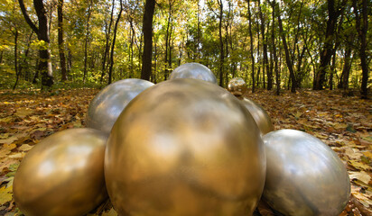 Sticker - autumn forest with fallen leaves,decorative golden balls