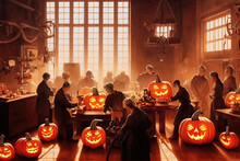 Digital Illustration Of A Team Of Qualified Surgeons In A Halloween Themed Pumpkin Carving. Pumpkins Carved In A Workshop By A Team Of Highly Skilled Carvers. Interior Of Halloween Preparations.
