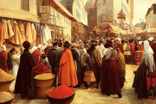 Historical Recreation Of A European Medieval Town Square Market With Crowds Of People Buying And Trading Spices Imported From The Middle East. Spice Market In The Middle Ages With Antique Shops.
