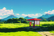 Digital Artwork In Style Of Anime Cartoons Featuring Lonely Red Bus Stop On A Hot Summer's Day. Rural Fields With Background Of Mountains. Nostalgic Memories Of Waiting At A Bus Stop In Green Fields