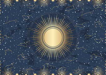 Wall Mural - Hand drawn card of golden Sun, sunburst, light rays, stars. Constellation celestial space. Zodiac horoscope symbol, star astrology, astrology sign, icon. Magic space galaxy, vector sketch illustration