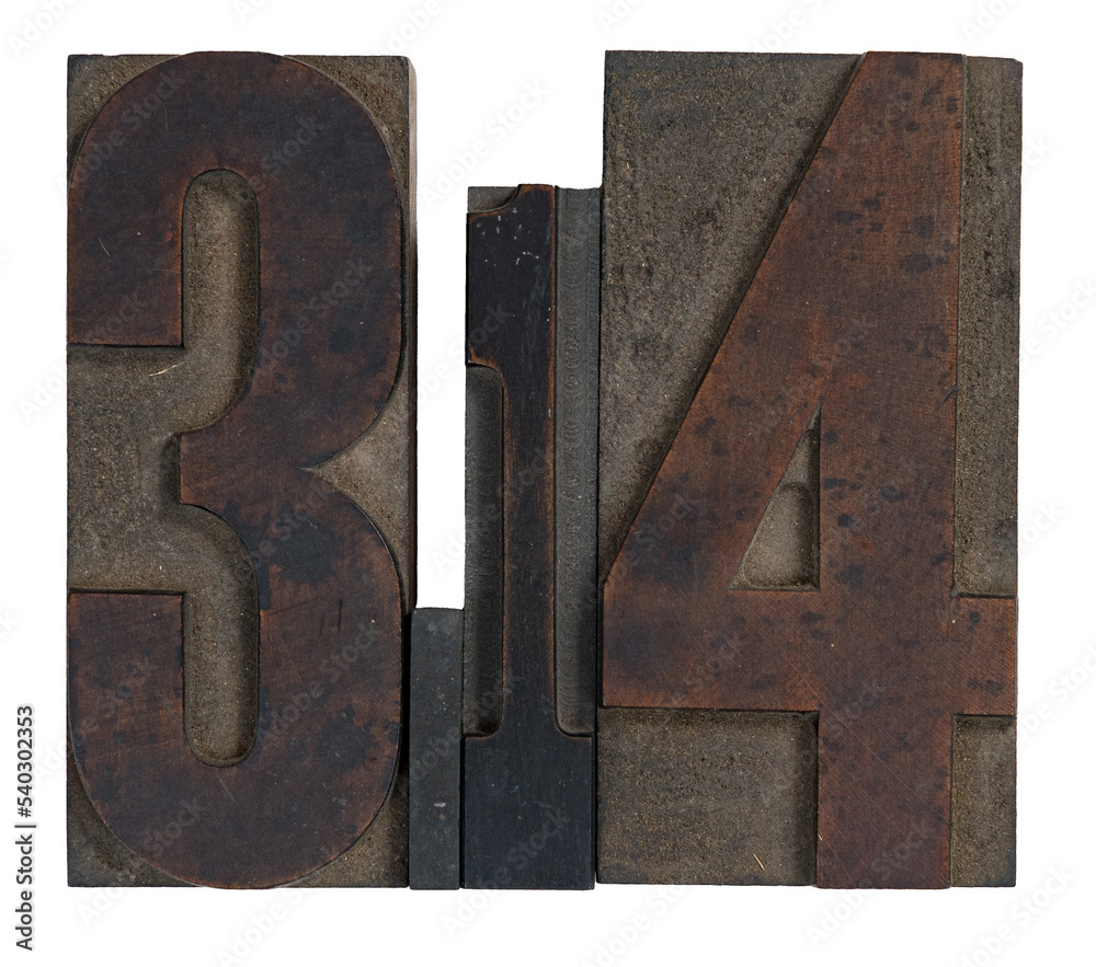 Isolated antique wood block type in reverse spelling 3.14 for pi day ...