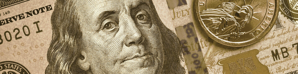 Wall Mural - american money close-up. 100 dollar banknote and 1 dollar coin. benjamin franklin and statue of libe