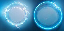 Lightning Round Frame. Blue Plasma Magical Portal. Glass Ball And Lightning.