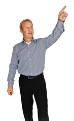 Wall Mural - gesture series: manager points upwards symbolically with his index finger.