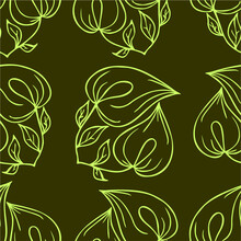 Seamless Contour Pattern Of Large Green Graphic Flowers On An Olive Background, Texture, Design