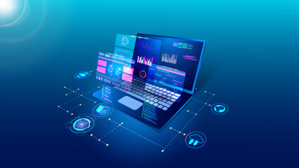 Aufkleber - Software technology, digital program develop. Laptop api code, web application, computer monitor interface. Analysis and processing of information. Vector creative background