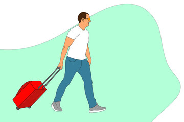 Happy person traveling with luggage. Tourist leaving with suitcase. Colored flat illustration of male traveler isolated on white background