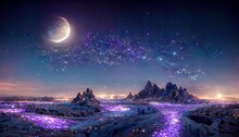 Fantasy Landscape With Sandy Glaciers And Purple Crystal. Concept Art. Fantasy