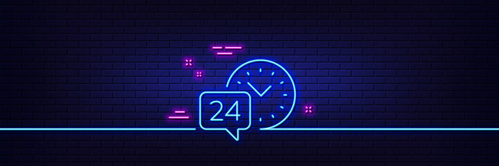 Canvas Print - Neon light glow effect. 24 hour time service line icon. Call support sign. Feedback chat symbol. 3d line neon glow icon. Brick wall banner. 24h service outline. Vector