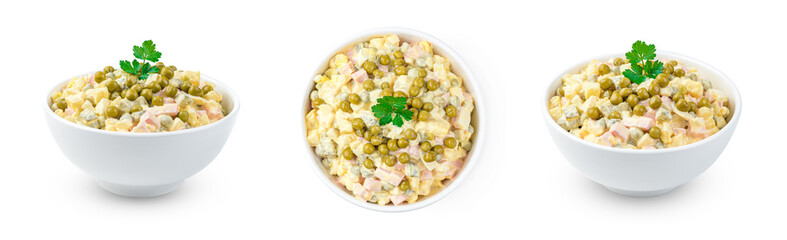 Wall Mural - A set of traditional olivier salad with vegetables and fresh herbs in different angles is isolated on a white background.