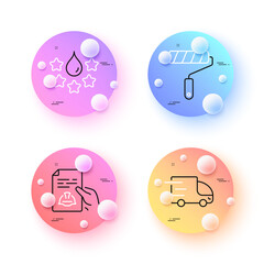 Poster - Quality, Technical documentation and Paint roller minimal line icons. 3d spheres or balls buttons. Truck delivery icons. For web, application, printing. Best dye, Engineering, Painter brush. Vector
