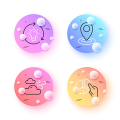 Windy weather, Location and Pie chart minimal line icons. 3d spheres or balls buttons. Idea icons. For web, application, printing. Cloud wind, Map pointer, Presentation graph. Lightbulb. Vector