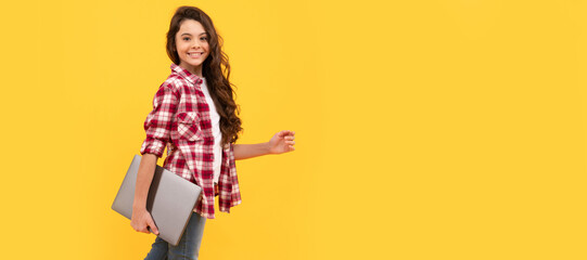 Sticker - A next-level school. Happy girl child carry laptop. E-learning course. Online course. School girl portrait with laptop, horizontal poster. Banner header with copy space.