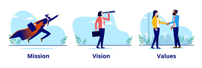 Leinwandbilder - Business mission vision and values - Collection of vector illustrations with businesspeople showing metaphor for company core values. Flat design with white background