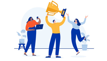Aufkleber - Winning people vector characters - Small team of businesspeople with trophy celebrating and cheering for success and accomplishment. Flat design cartoon vector illustration with white background