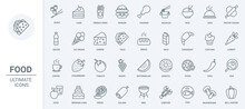 Food Thin Line Icons Set Vector Illustration. Outline Restaurant Or Fast Food Cafe Symbols, French Fries And Chicken, Noodles Taco And Pizza, Ice Cream Croissant And Cupcake With Coffee And Juice