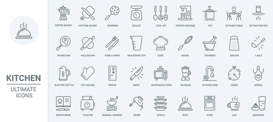 Kitchen thin line icons set vector illustration. Outline symbols of restaurant or home equipment and tools for cooking, coffee machine and hood, scales and microwave, chefs apron and recipe book