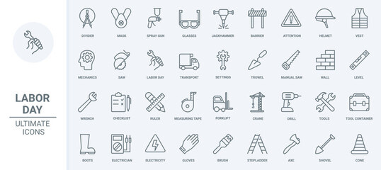 Poster - Workers tools in industry thin black line icons set vector illustration. Outline paint brush and wrench, saw and shovel from mechanical repair toolbox, construction crane and drill, road barrier