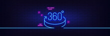 Neon Light Glow Effect. 360 Degrees Line Icon. VR Simulation Sign. Panoramic View Symbol. 3d Line Neon Glow Icon. Brick Wall Banner. 360 Degrees Outline. Vector