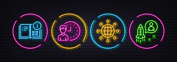 Poster - International globe, Instruction info and Working hours minimal line icons. Neon laser 3d lights. Startup icons. For web, application, printing. World networking, Project, Project deadline. Vector