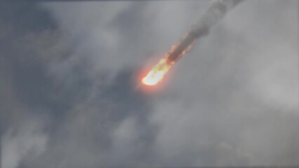 Wall Mural - fast blazing meteor or missile in the clouds global threat of asteroid impact, war or missile strike