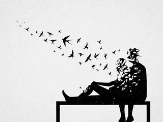 Loving couple on bench. Death and afterlife. Flying birds silhouette.