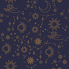 Wall Mural - Seamless pattern with constellations. Sun, moon, magic hands and stars. Mystical esoteric background for design. Astrology magical vector.