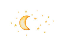 Cute Night Moon Stars Watercolor. Night Sky With Lot Of Shiny Stars. Vector Illustration. Hand Drawn Illustration. Baby Shower Invitation Card.