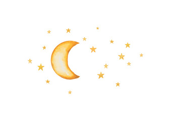 cute night moon stars watercolor. night sky with lot of shiny stars. vector illustration. hand drawn