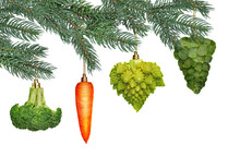 Christmas Tree Ornaments In Shape Of Vegetables Isolated On White