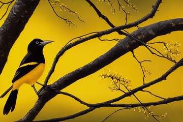 Sticker - Yellow and black Oriole on branch with isolated background