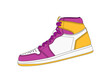 Purple, yellow, white vector sneaker silhouette. High top basketball trainers isolated on white background. Trendy sport style shoes logo. Casual fashion shoe, side view. Modern training footwear