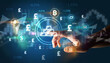 © ra2 studio - Business person hand pushing currency symbol on multimedia touch screen