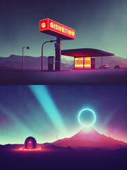 Wall Mural - Cyberpunk futuristic composition, neon lights, city landscape with moon